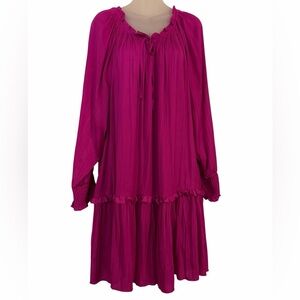 Anthropologie Giulia Pink Satin Tunic Dress- Smocked Long Sleeve, Size XL